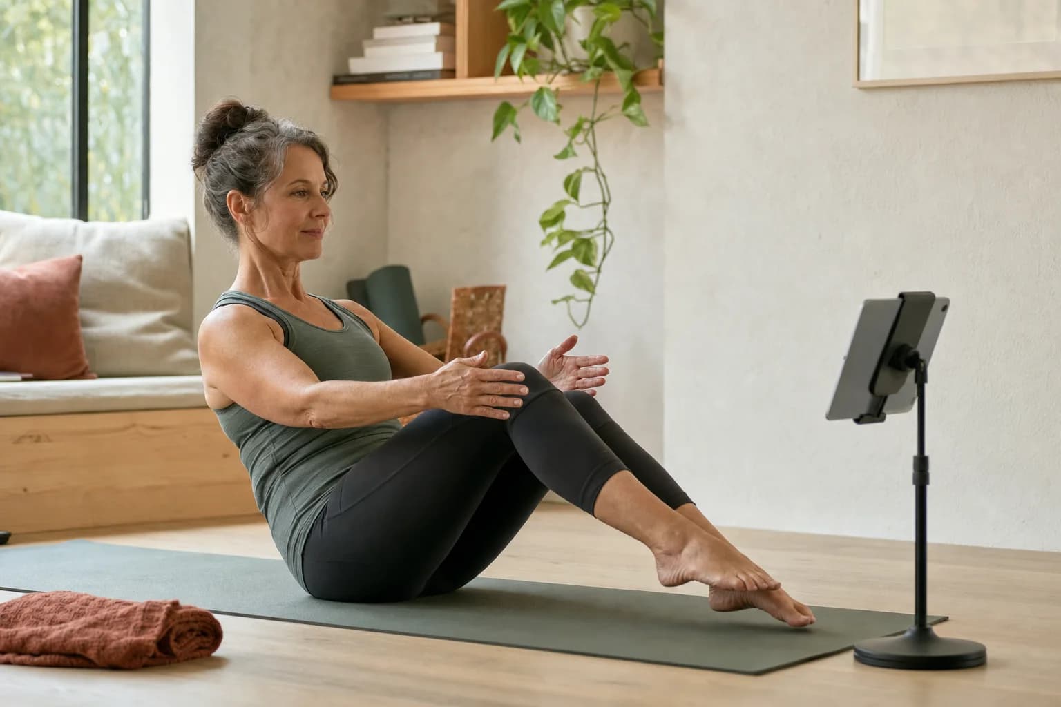 Une membre suit le programme de Pilates guidé de son studio chez elle