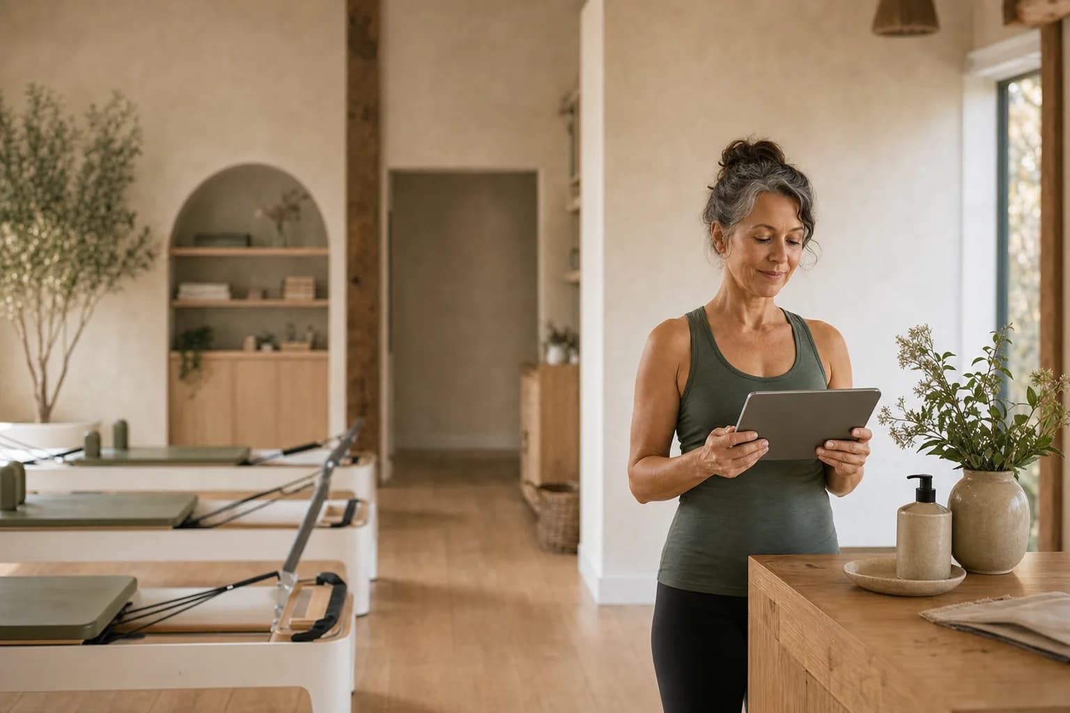 Une propriétaire de studio de Pilates consulte sa journée sur une tablette avant l'ouverture