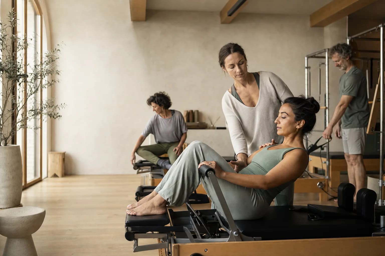 Une instructrice guide une adhérente dans un studio de Pilates reformer accueillant